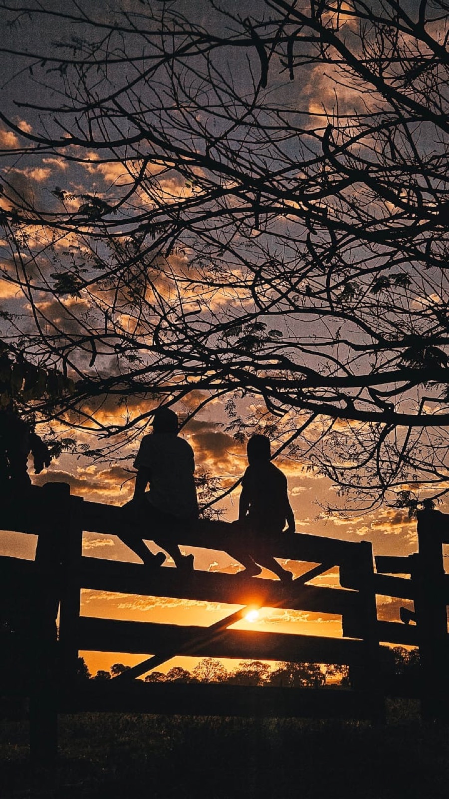 Silhueta de casal ao pôr do sol, foto artística com celular