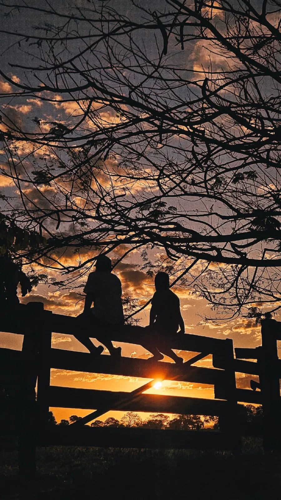 Silhueta de casal ao pôr do sol, foto artística com celular