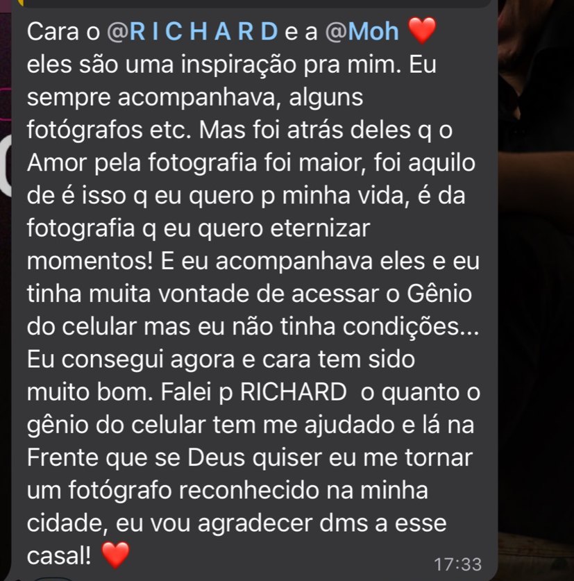 Print de depoimento: aluno inspirado a viver de fotografia (dados pessoais ocultados)