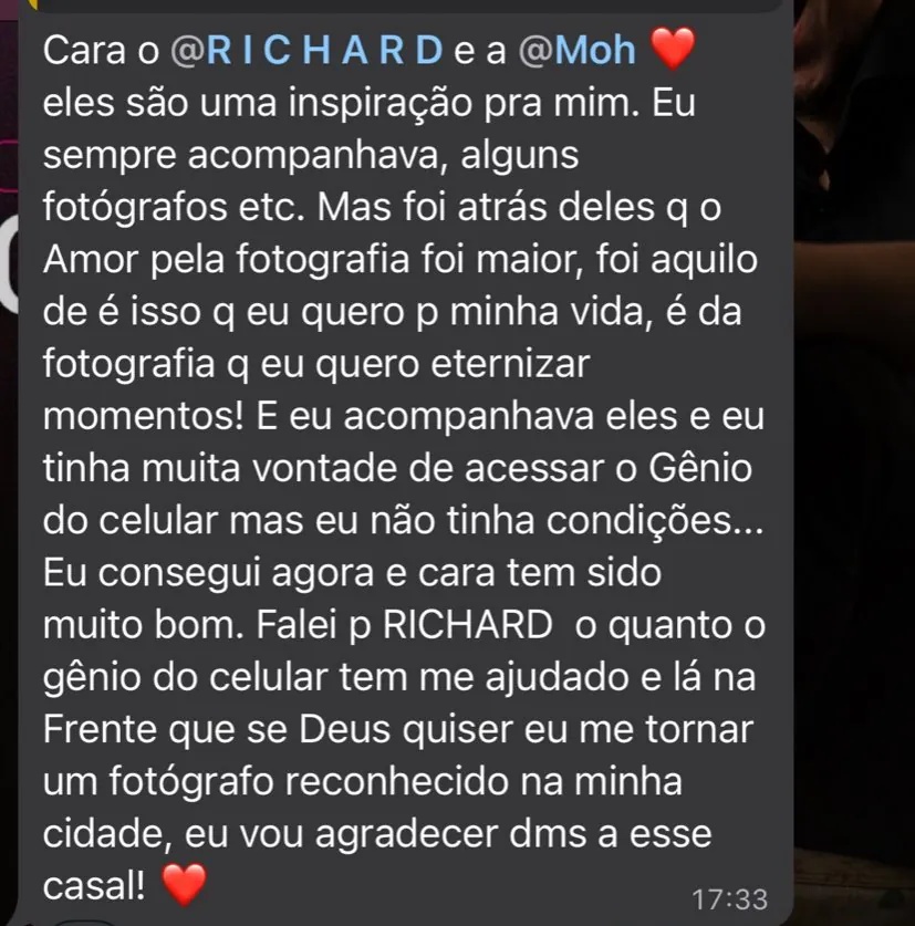 Print de depoimento: aluno inspirado a viver de fotografia (dados pessoais ocultados)