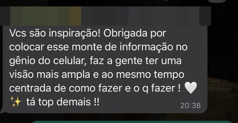 Print de depoimento: aluna de São Paulo dizendo que o conteúdo está top demais (dados pessoais ocultados)