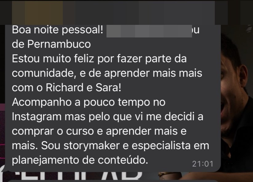Print de depoimento: aluna storymaker de Pernambuco (dados pessoais ocultados)