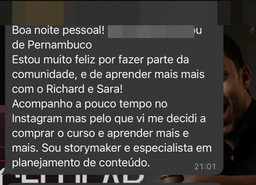 Print de depoimento: aluna storymaker de Pernambuco (dados pessoais ocultados)