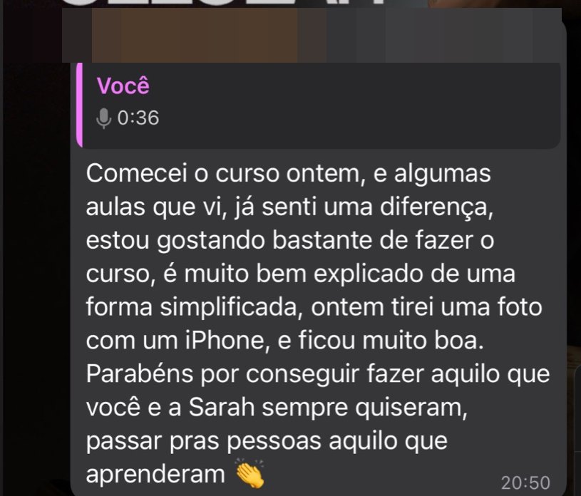 Print de depoimento: aluno que tirou foto com iPhone e ficou ótima (dados pessoais ocultados)