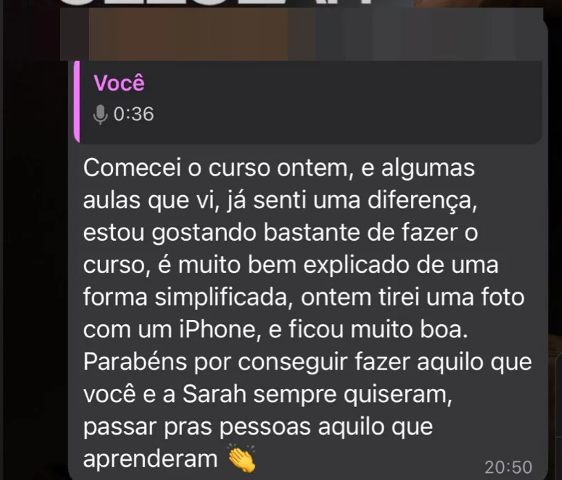 Print de depoimento: aluno que tirou foto com iPhone e ficou ótima (dados pessoais ocultados)
