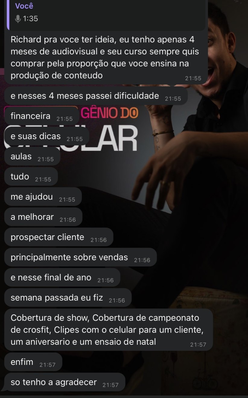 Print de depoimento: aluno de audiovisual usando o celular para cobrir eventos e prospectar clientes (dados pessoais ocultados)